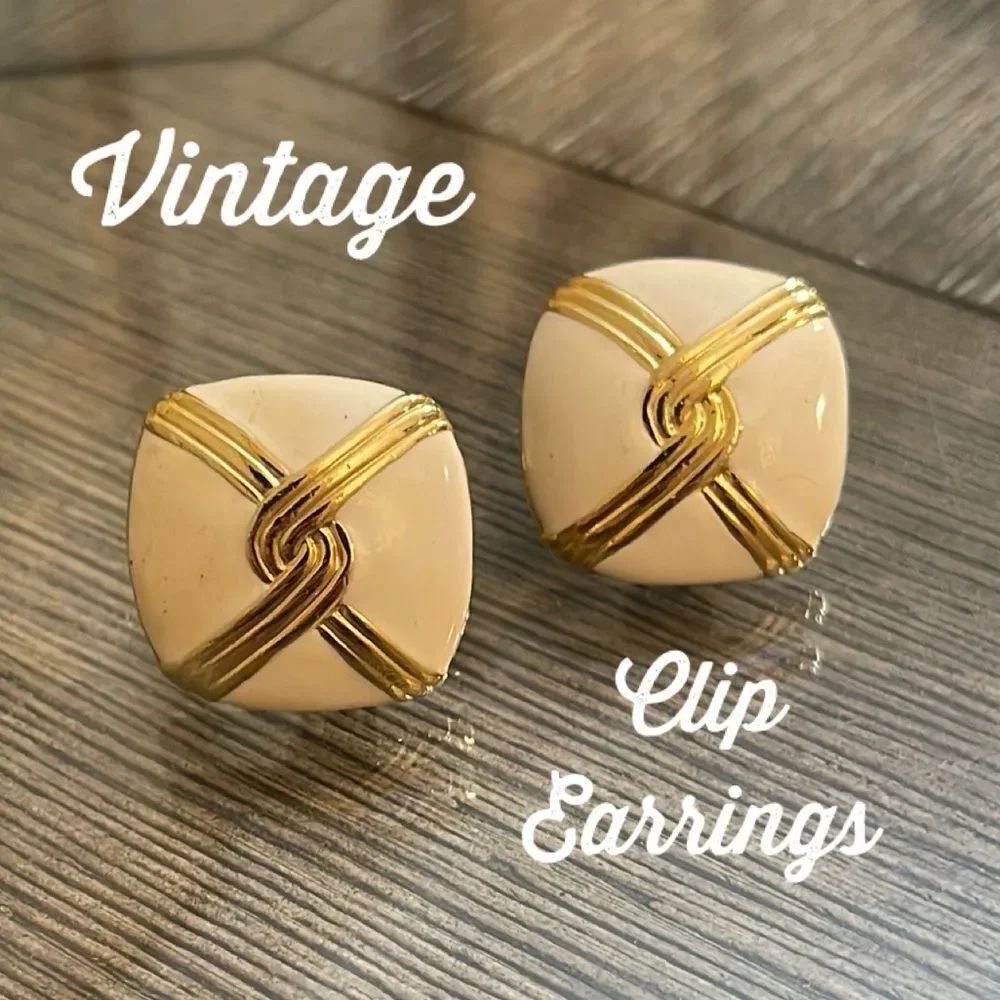 Vintage Square Enamel Gold and White Clip Earrings